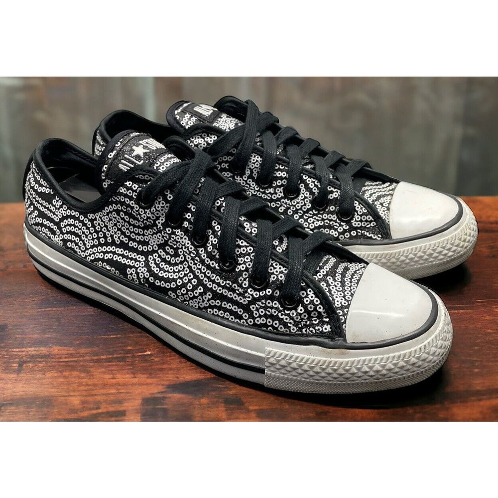 Converse Chuck T Allstars Lo Black Silver Sequined Shoes Womens 8.5 Fast Ship
